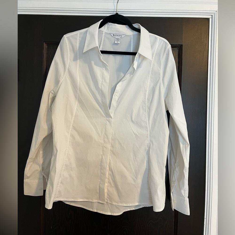 Athleta Midtown II White Button Down Shirt Performance Lightweight Poplin